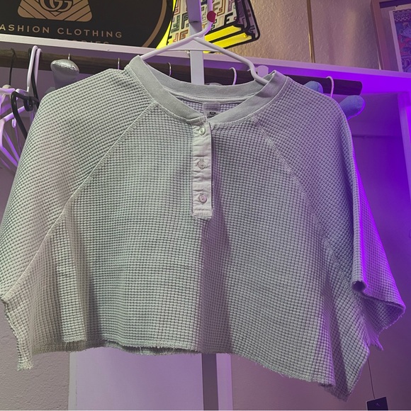 Mono B Button-Up Waffle Knit Crop Top - Light Blue - Picture 1 of 5